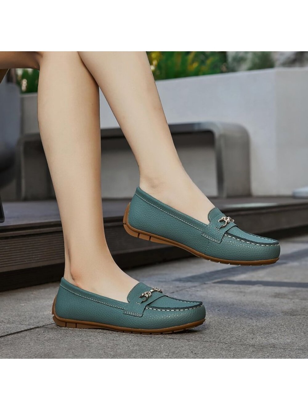 Women's Green Comfortable & Lightweight Leather Loafers Slip-On Flats Shoes - Picture 3 of 6